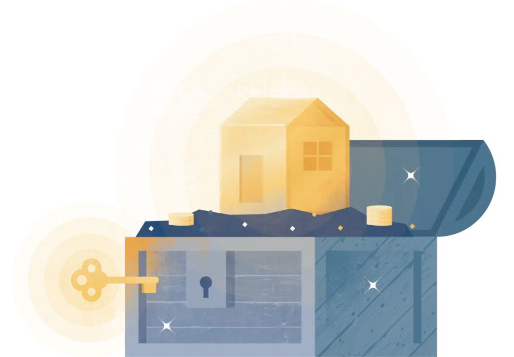 A picture of a house in treasure chest being unlocked with a key.